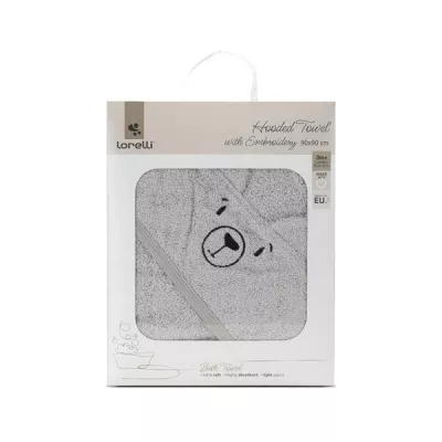 Prosop de baie cu gluga si broderie, 90 x 90 cm, 0 luni+, bumbac, Soft Grey