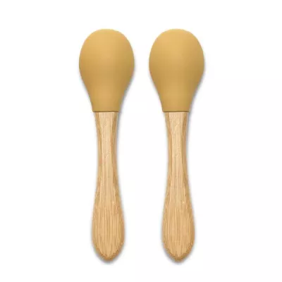 Articole hranire copii - Set 2 lingurite din silicon si bambus, forma ergonomica, 6 luni+, Yellow, bebelorelli.ro