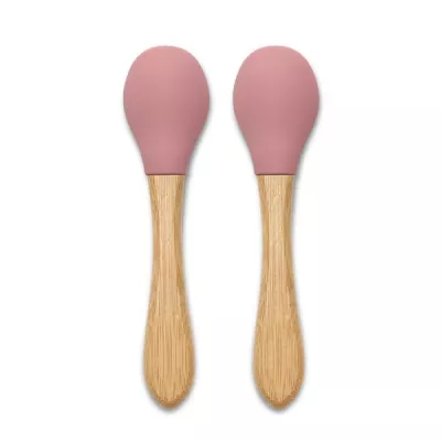 Articole hranire copii - Set 2 lingurite din silicon si bambus, forma ergonomica, 6 luni+, Pink, bebelorelli.ro