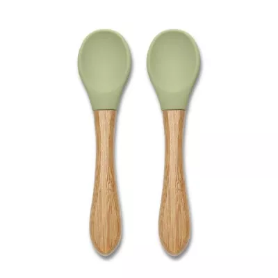 Set 2 lingurite din silicon si bambus, forma ergonomica, 6 luni+, Fresh Green