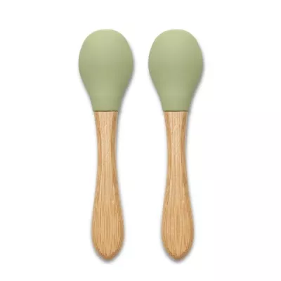 Articole de hranire 0-3 ani - Set 2 lingurite din silicon si bambus, forma ergonomica, 6 luni+, Fresh Green, bebelorelli.ro