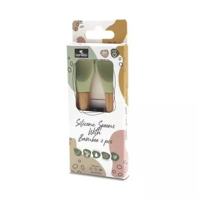Set 2 lingurite din silicon si bambus, forma ergonomica, 6 luni+, Fresh Green