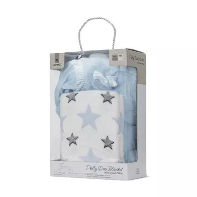 Set 2 piese, paturica moale 90 x 75 cm, pernuta in forma de ursulet 45 x 30 cm, Poffy, 0 luni+, Blue