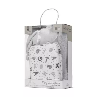 Set 2 piese, paturica moale 90 x 75 cm, pernuta in forma de ursulet 45 x 30 cm, Poffy, 0 luni+, Grey