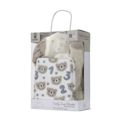 Set 2 piese, paturica moale 90 x 75 cm, pernuta in forma de ursulet 45 x 30 cm, Poffy, 0 luni+, Beige