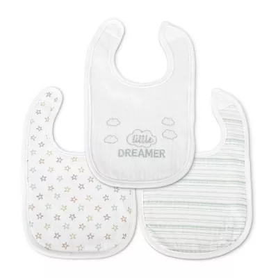 Set 3 bavete bumbac pentru nou-nascut, inchidere cu velcro, potrivit pentru hranire si in perioada eruptiei dentare, 0 luni+, White