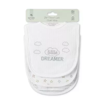 Set 3 bavete bumbac pentru nou-nascut, inchidere cu velcro, potrivit pentru hranire si in perioada eruptiei dentare, 0 luni+, White