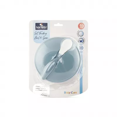 Articole hranire copii - Set castron cu ventuza, capac si lingurita, Moonlight Blue, bebelorelli.ro