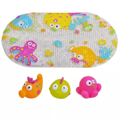 Set de baie 4 piese, Knorr Toys, include covoras de baie din PVC 69x39 cm si 3 jucarii lumea subacvatica, 0 Luni+