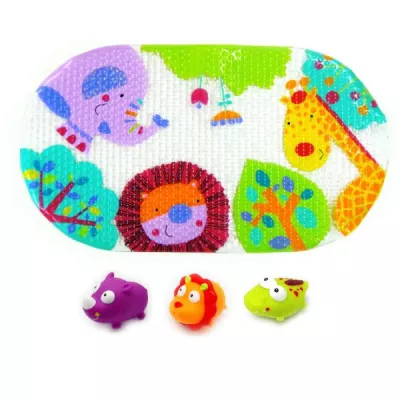 Set de baie 4 piese, Knorr Toys, include covoras de baie din PVC 69x39 cm si 3 jucarii animalele junglei, 0 Luni+
