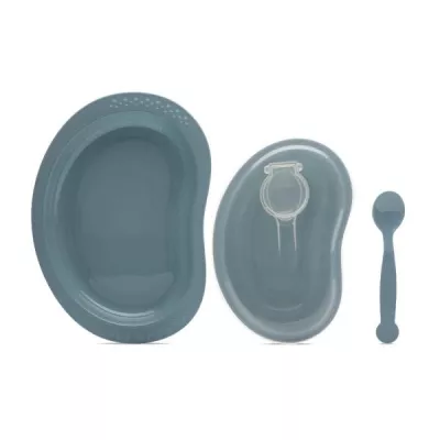 Articole hranire copii - Set de hranire 3 piese, contine farfurie, castron cu capac, lingurita, 6 luni+, Blue, bebelorelli.ro