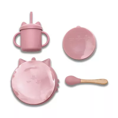 Articole hranire copii - Set de hranire din silicon natural, 4 piese, 6 luni+, Pink, bebelorelli.ro