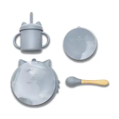 Articole de hranire 0-3 ani - Set de hranire din silicon natural, 4 piese, 6 luni+, Grey, bebelorelli.ro
