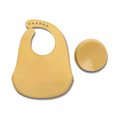 Set de hranire din silicon natural, contine bol cu vacuum si baveta, 6 luni+, Yellow