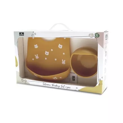 Set de hranire din silicon natural, contine bol cu vacuum si baveta, 6 luni+, Yellow