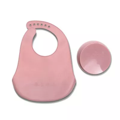 Articole hranire copii - Set de hranire din silicon natural, contine bol cu vacuum si baveta, 6 luni+, Pink, bebelorelli.ro
