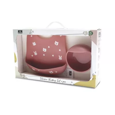 Set de hranire din silicon natural, contine bol cu vacuum si baveta, 6 luni+, Pink
