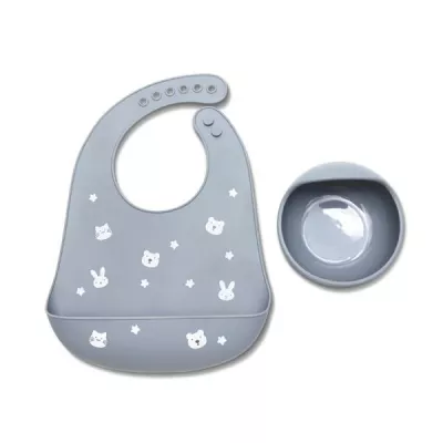 Set de hranire din silicon natural, contine bol cu vacuum si baveta, 6 luni+, Grey