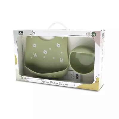 Set de hranire din silicon natural, contine bol cu vacuum si baveta, 6 luni+, Fresh Green