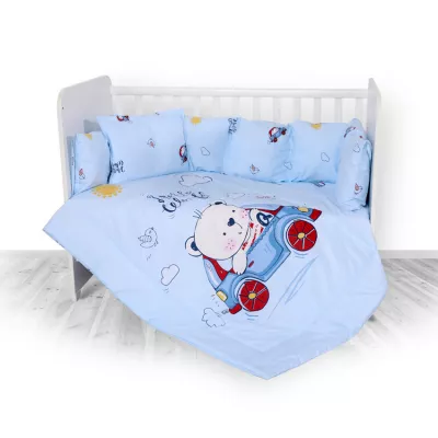 Set lenjerie pat 8 piese, 70x140 cm, bumbac ranforce, Bear & Car Blue