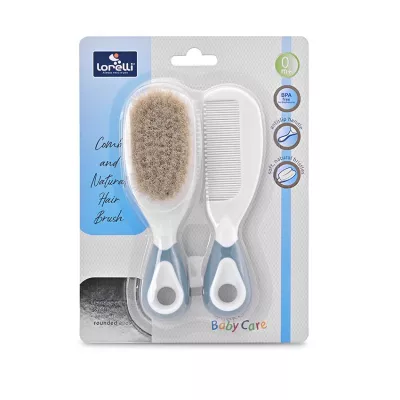 Set pieptan cu perie din par natural, 0 luni+, Blue