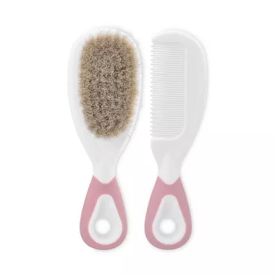 Set pieptan cu perie din par natural, 0 luni+, Pink