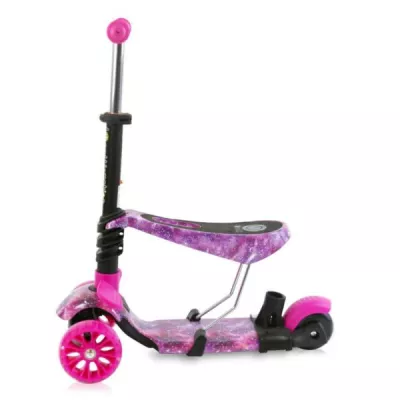 Trotineta reglabila pentru copii, Draxter, sezut cu spatar, maner parental, 3 ani+, Pink Galaxy