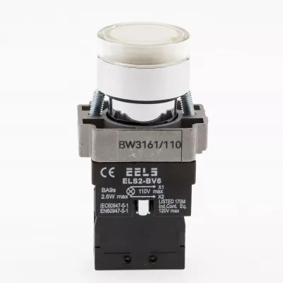 Buton alb cu led indicator prezenta tensiune 110V AC  ELS2-BW3161 1xNO, 3A/240V AC
