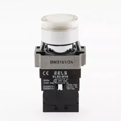 Buton alb cu led indicator prezenta tensiune 24V DC  ELS2-BW3161 1xNO, 3A/240V AC