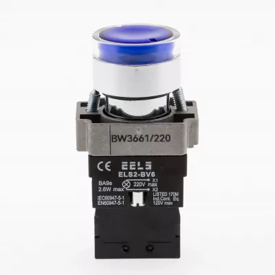 Buton albastru cu led indicator prezenta tensiune 220V AC  ELS2-BW3661 1xNO, 3A/240V AC