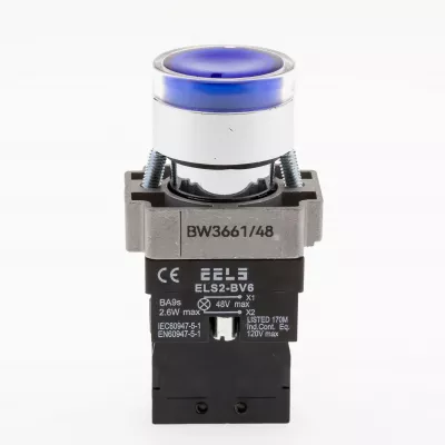 Buton albastru cu led indicator prezenta tensiune 48V DC  ELS2-BW3661 1xNO, 3A/240V AC