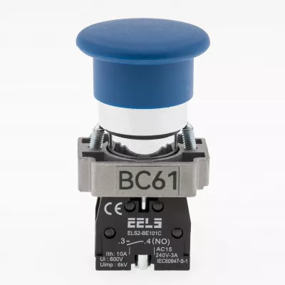 Buton albastru tip ciuperca cu revenire  Ø40mm ELS2-BC61 1xNO, 3A/240V AC