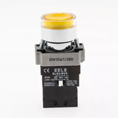 Buton galben cu led indicator prezenta tensiune 380V AC  ELS2-BW3561 1xNO, 3A/240V AC