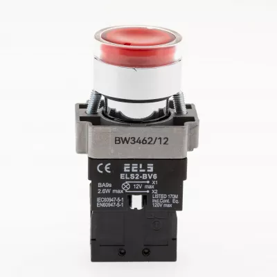 Buton rosu cu led indicator prezenta tensiune 12V DC  ELS2-BW3462 1xNC, 3A/240V AC