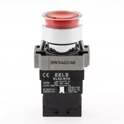 Buton rosu cu led indicator prezenta tensiune 48V DC  ELS2-BW3462 1xNC, 3A/240V AC