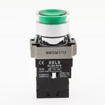 Buton verde cu led indicator prezenta tensiune 12V DC  ELS2-BW3361 1xNO, 3A/240V AC