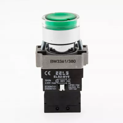 Buton verde cu led indicator prezenta tensiune 380V AC  ELS2-BW3361 1xNO, 3A/240V AC