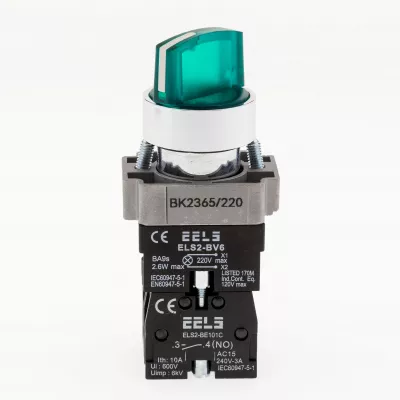 Selector 2 pozitii cu retinere maner iluminat led culoarea verde 220V AC  ELS2-BK2365 1xNO+1xNC, 3A/240V AC