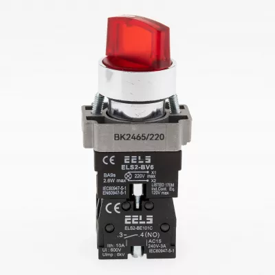 Selector 2 pozitii cu retinere maner iluminat led culoarea rosie 220V AC  ELS2-BK2465 1xNO+1xNC, 3A/240V AC