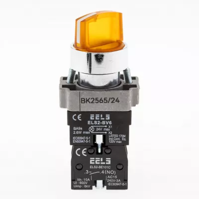 Selector 2 pozitii cu retinere maner iluminat led culoarea galbena 24V DC  ELS2-BK2565 1xNO+1xNC, 3A/240V AC