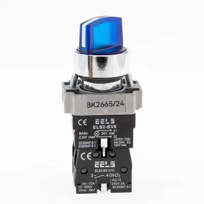 Selector 2 pozitii cu retinere maner iluminat led culoarea albastra 24V DC  ELS2-BK2665 1xNO+1xNC, 3A/240V AC