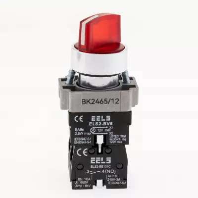 Selector 2 pozitii cu retinere maner iluminat led culoarea rosie 12V DC  ELS2-BK2465 1xNO+1xNC, 3A/240V AC