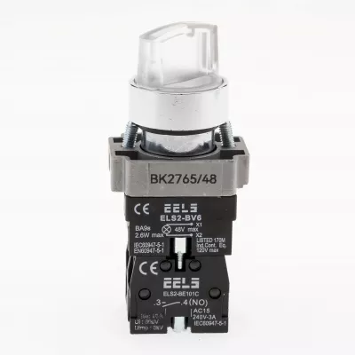 Selector 2 pozitii cu retinere maner iluminat led culoarea alba 48V DC  ELS2-BK2765 1xNO+1xNC, 3A/240V AC