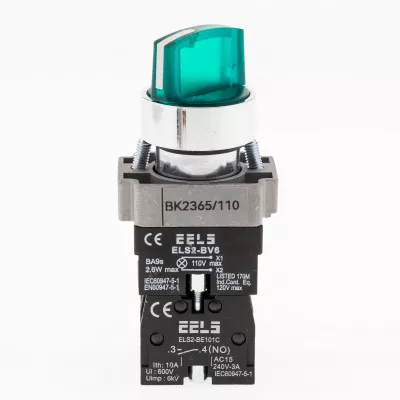 Selector 2 pozitii cu retinere maner iluminat led culoarea verde 110V AC  ELS2-BK2365 1xNO+1xNC, 3A/240V AC