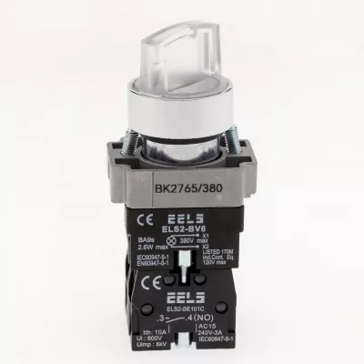 Selector 2 pozitii cu retinere maner iluminat led culoarea alba 380V AC  ELS2-BK2765 1xNO+1xNC, 3A/240V AC