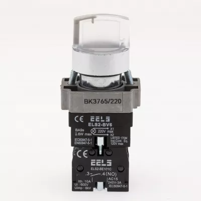Selector 3 pozitii cu retinere maner iluminat led culoarea alba 220V AC  ELS2-BK3765 1xNO+1xNC, 3A/240V AC