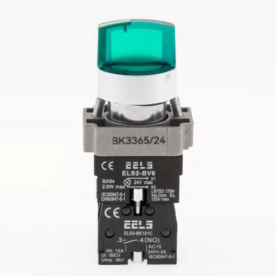 Selector 3 pozitii cu retinere maner iluminat led culoarea verde 24V DC  ELS2-BK3365 1xNO+1xNC, 3A/240V AC