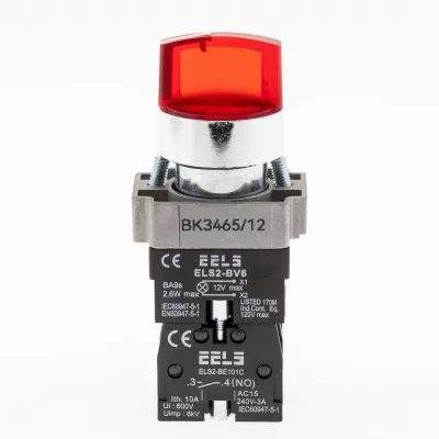 Selector 3 pozitii cu retinere maner iluminat led culoarea rosie 12V DC  ELS2-BK3465 1xNO+1xNC, 3A/240V AC