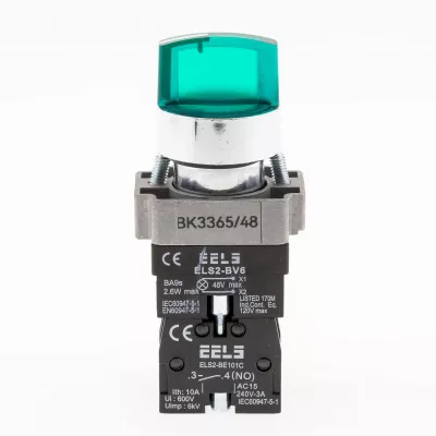 Selector 3 pozitii cu retinere maner iluminat led culoarea verde 48V DC  ELS2-BK3365 1xNO+1xNC, 3A/240V AC