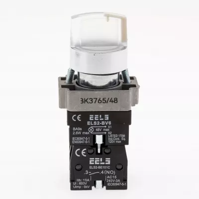 Selector 3 pozitii cu retinere maner iluminat led culoarea alba 48V DC  ELS2-BK3765 1xNO+1xNC, 3A/240V AC